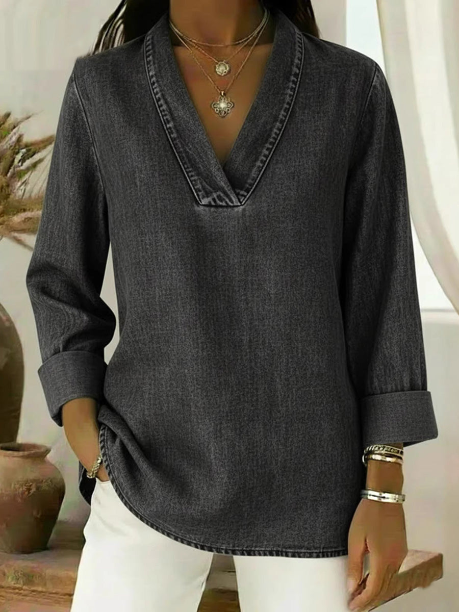 Long Sleeves Loose Solid Color V-Neck Blouses&Shirts Tops
