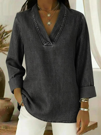 Long Sleeves Loose Solid Color V-Neck Blouses&Shirts Tops