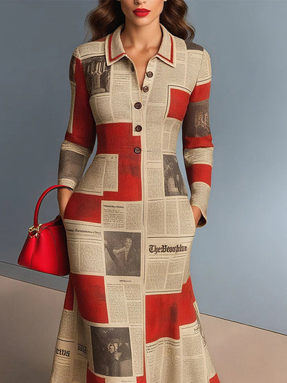 Bodycon Long Sleeves Buttoned Letter Print Pockets Lapel Midi Dresses