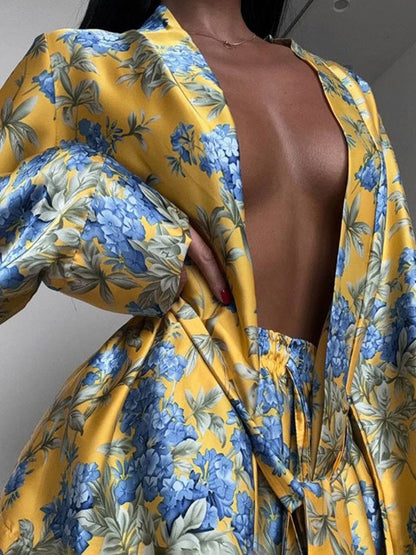 Loose Printed Split-Joint Deep V-Neck Lace-Up Blouse + Drawstring Elasticity Pants Trousers Two Pieces Set