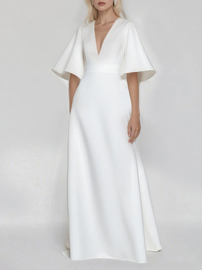 Batwing Sleeves Solid Color Split-Joint V-Neck Evening Dresses Maxi Dresses