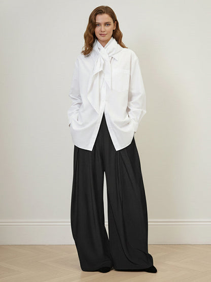 Long Sleeves Loose Buttoned Neckerchief Pockets Solid Color Lapel Blouses&Shirts Tops