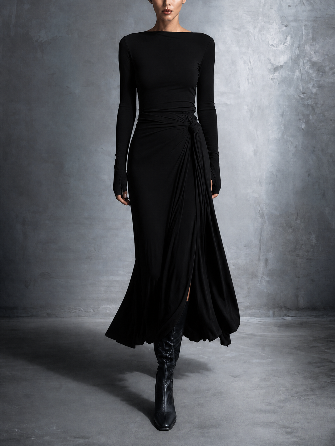 Split-Joint Solid Color Knot Asymmetric Long Sleeves Round-neck Maxi Dresses