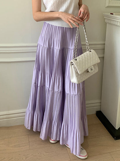 A-Line High Waisted Pleated Solid Color Split-Joint Skirts Bottoms PURPLE One_size
