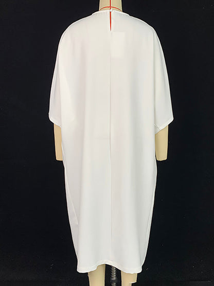 Loose Three-Quarter Sleeves Printed Split-Front Round-Neck Midi Dresses