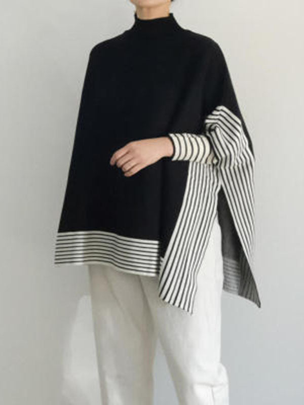 Batwing Sleeves Loose Split-Joint Split-Side Striped High Neck Sweater