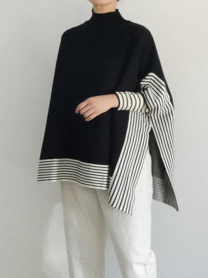 Batwing Sleeves Loose Split-Joint Split-Side Striped High Neck Sweater