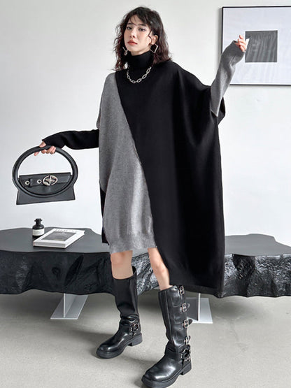 Batwing Sleeves Hipster Asymmetric Contrast Color Split-Joint High-Neck Midi Dresses Sweater Dresses