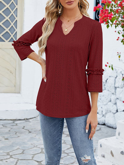 Loose Three-Quarter Sleeves Jacquard Solid Color V-Neck T-Shirts Tops