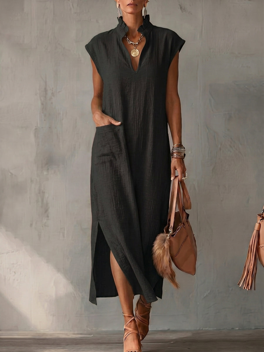 Loose Sleeveless Pockets Ruffle Trim Solid Color Split-Side Stand Collar Midi Dresses