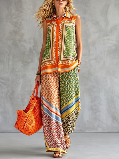 Loose Wide Leg Pockets Printed Pants Trousers