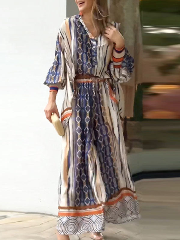 Long Sleeves Loose Printed Lapel Blouses Tops + Drawstring Pockets Pants Bottom Two Pieces Set