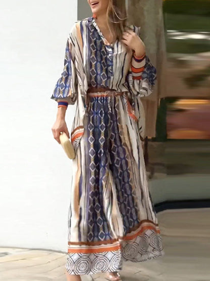 Long Sleeves Loose Printed Lapel Blouses Tops + Drawstring Pockets Pants Bottom Two Pieces Set