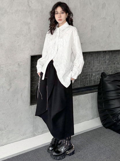 Irregularity Long Sleeves Abstract Printed Asymmetric Buttoned Wrinkled Lapel Blouses&Shirts Tops