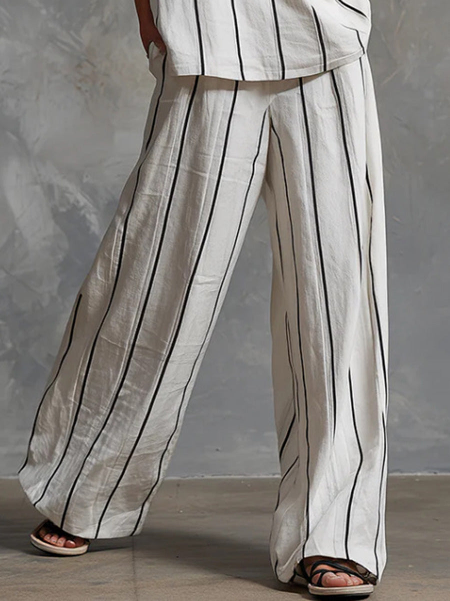 High Waisted Wide Leg Contrast Color Pockets Striped Pants Trousers