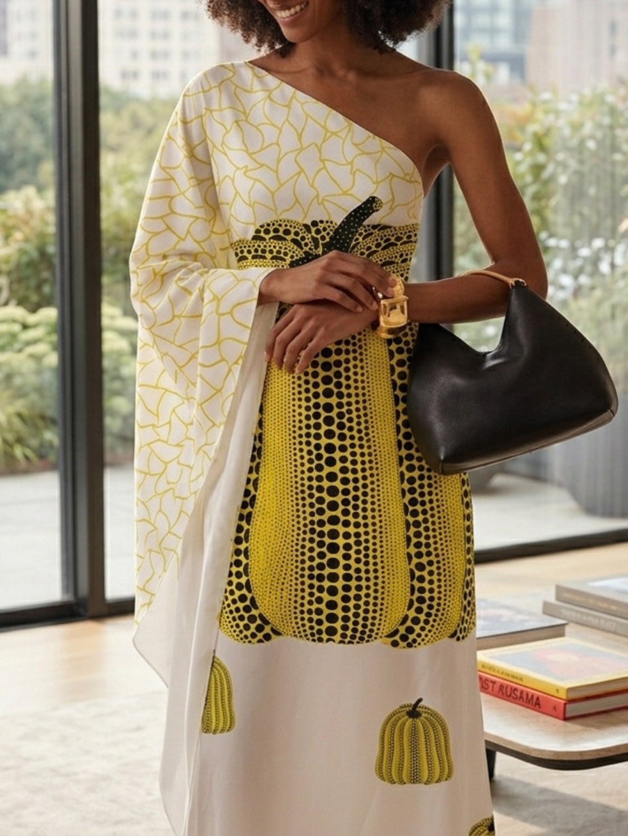 Long Sleeves Loose Asymmetric Printed One-Shoulder Maxi Dresses