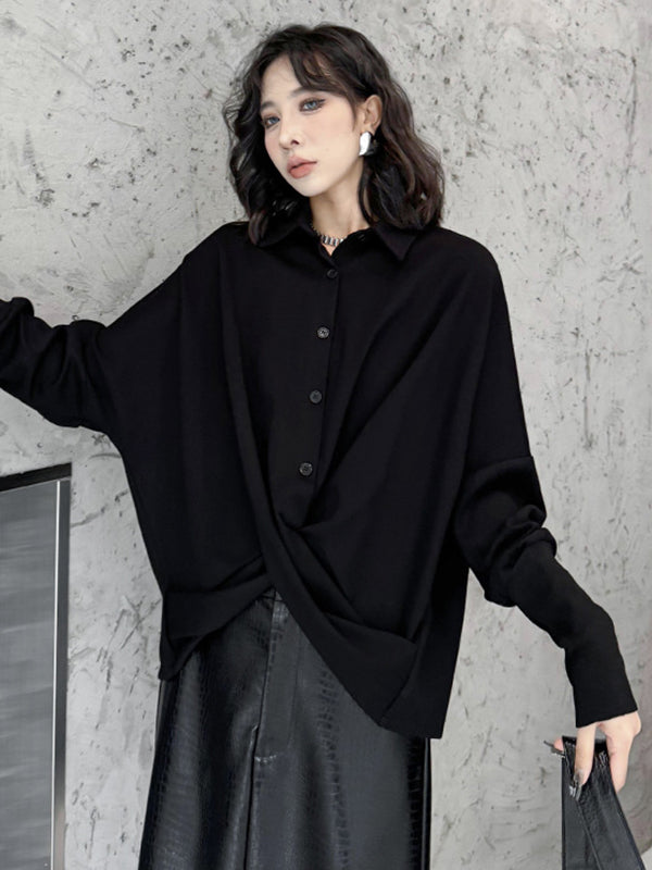 Hipster Irregularity Buttoned Solid Color Twist Lapel Collar Blouses&Shirts Tops