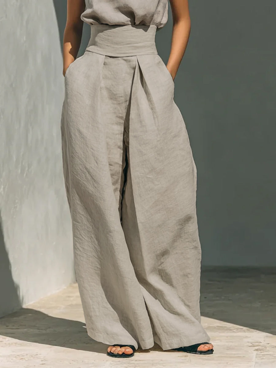 High Waisted Wide Leg Elasticity Pleated Pockets Solid Color Split-Joint Pants Trousers