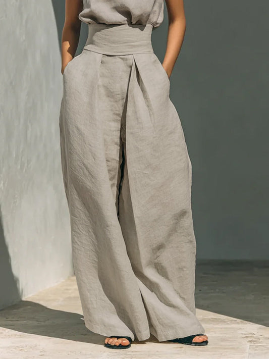 High Waisted Wide Leg Elasticity Pleated Pockets Solid Color Split-Joint Pants Trousers