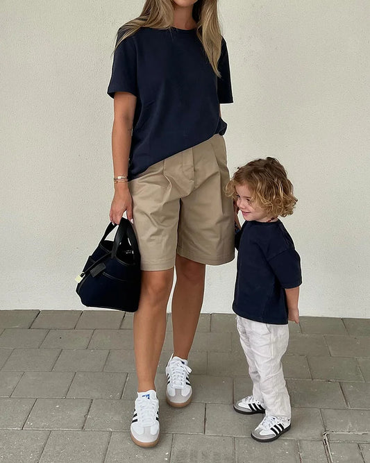 Cotton Crew Neck Short Sleeve Top Shorts Two Piece Set