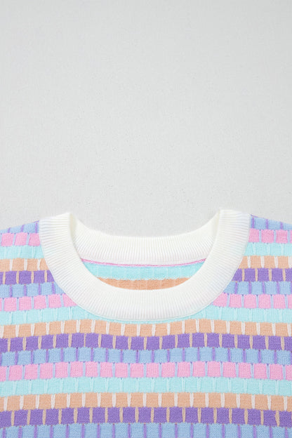 Rose Red Abstract Striped Knit Short Sleeve Sweater