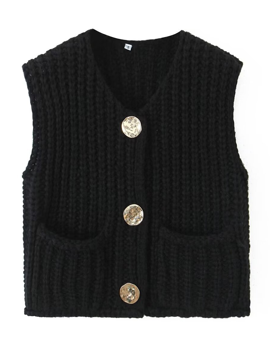 Sleeveless Buttoned Pockets Solid Color Cardigan Tops Knit Top
