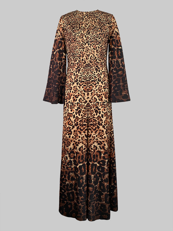 Flared Sleeves Long Sleeves Leopard Printed Round-Neck Jumpsuits