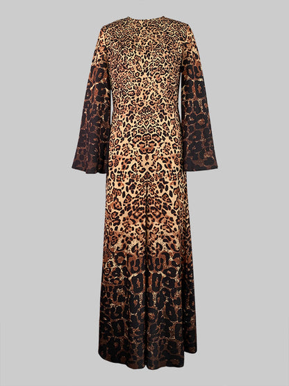 Flared Sleeves Long Sleeves Leopard Printed Round-Neck Jumpsuits