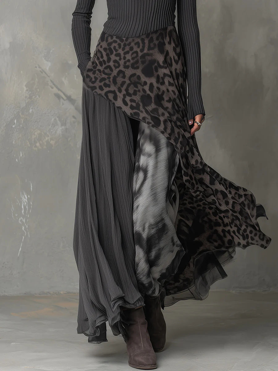 High Waisted Long Sleeves Leopard Printed Split-Joint Round-Neck Maxi Dresses