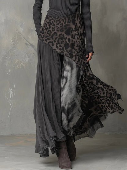 High Waisted Long Sleeves Leopard Printed Split-Joint Round-Neck Maxi Dresses