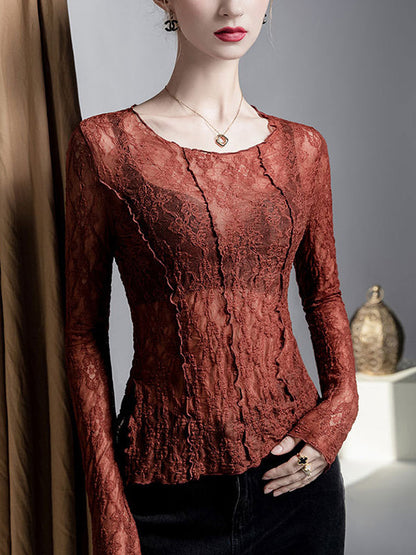 Irregularity Long Sleeves See-Through Split-Joint Textured Round-Neck T-Shirts Tops