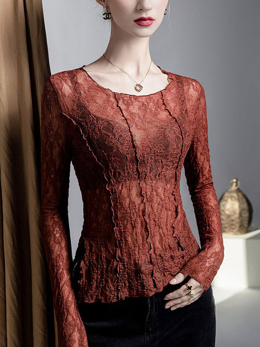 Irregularity Long Sleeves See-Through Split-Joint Textured Round-Neck T-Shirts Tops