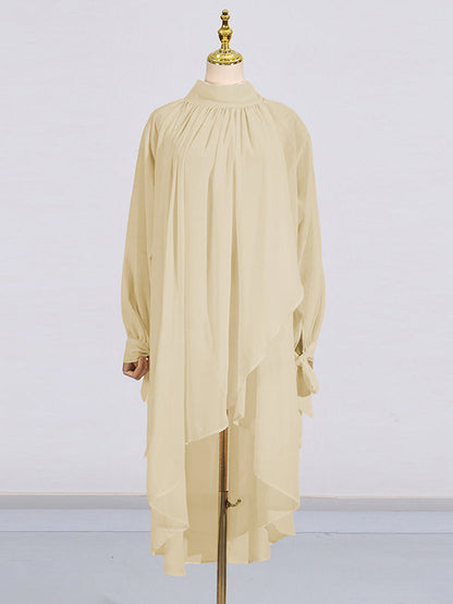 High-Low Long Sleeves Pleated See-Through Solid Color Tied High Neck Blouses&Shirts Tops