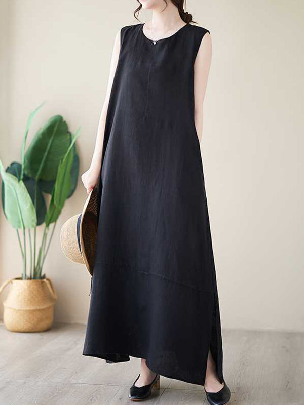 A-Linie Lockere einfarbige Midikleider mit Rundhalsausschnitt 