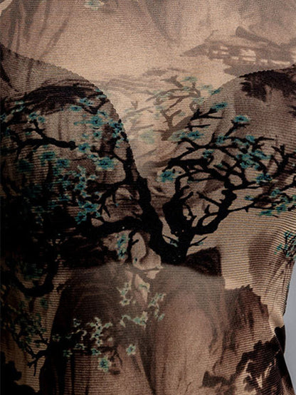 Long Sleeves Plus Size Asymmetric Mesh See-Through Split-Joint Round-Neck T-Shirts Tops