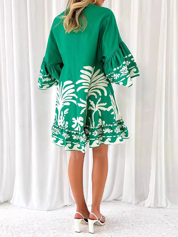 A-Line Flared Sleeves Flower Print Pleated Split-Joint V-Neck Mini Dresses