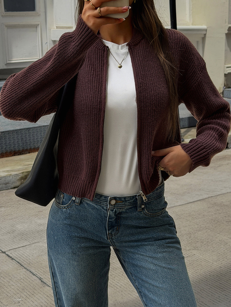 Zipper Solid Color Loose Long Sleeves Round-neck Cardigan Tops