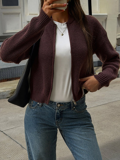 Zipper Solid Color Loose Long Sleeves Round-neck Cardigan Tops