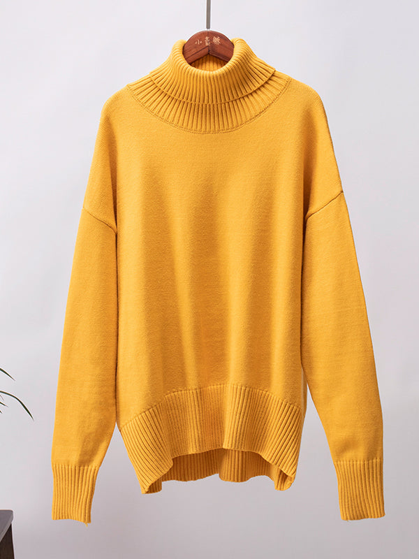 Long Sleeves Loose Solid Color High Neck Knitwear Pullovers Sweater Tops