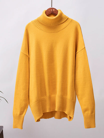 Long Sleeves Loose Solid Color High Neck Knitwear Pullovers Sweater Tops