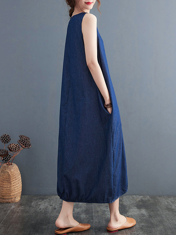 A-Line Loose Buttoned Pleated Solid Color Round-Neck Midi Dresses