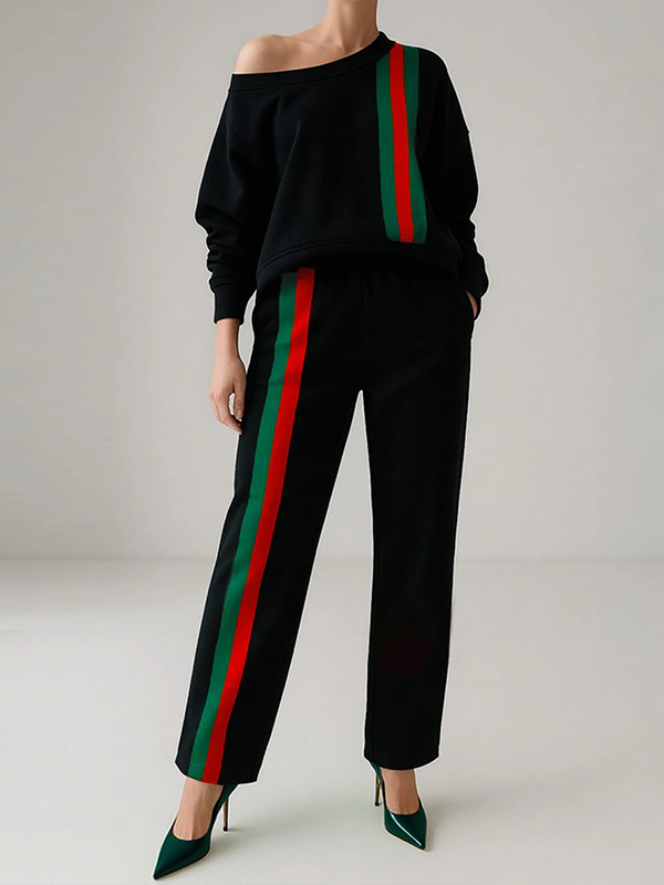 Long Sleeves Loose Contrast Color Striped One-Shoulder Sweatshirt Tops