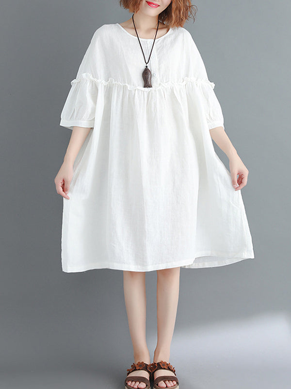 Künstlerisches Retro-Falbala-Midikleid in Volltonfarbe mit Falten 