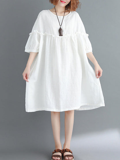 Künstlerisches Retro-Falbala-Midikleid in Volltonfarbe mit Falten 