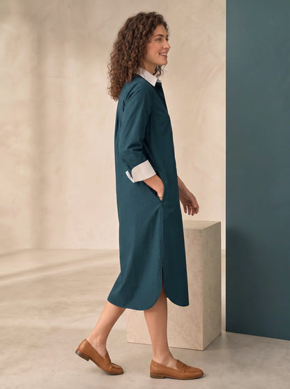 Split-side Pockets Contrast Color Buttoned Three-quarter Sleeves Loose Lapel Shirt Dress Midi Dresses