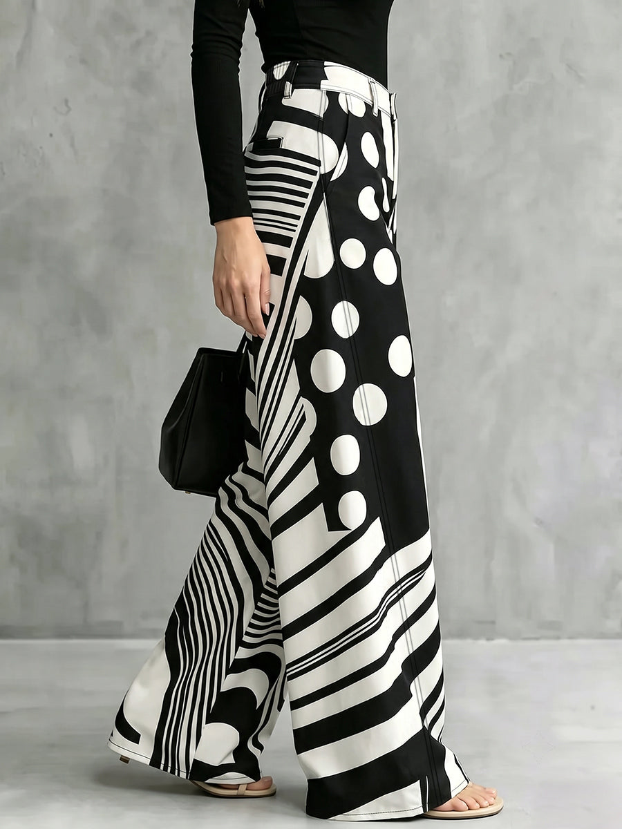 Zipper Striped Polka-Dot Pockets Contrast Color Buttoned Wide Leg Loose Trousers Pants