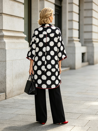Split-front Split-Joint Polka Dot Contrast Color Three-quarter Sleeves Loose V-neck Blouses&shirts Tops