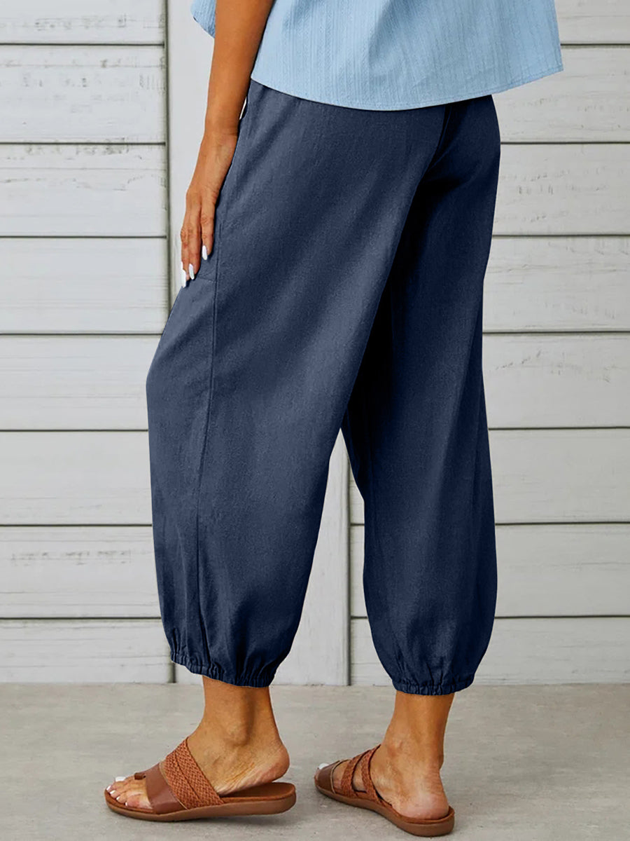 Solid Color Pockets Elasticity Drawstring Buttoned Plus Size High Waisted Trousers Ninth Pants