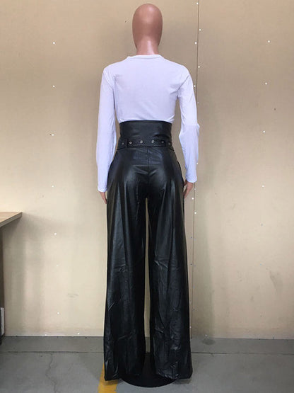 High Waisted Wide Leg Belted Solid Color Zipper Pants Trousers