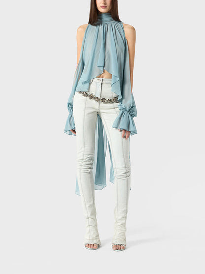 High-Low Long Sleeves Elasticity Hollow Pleated Solid Color Mock Neck Blouses&Shirts Tops